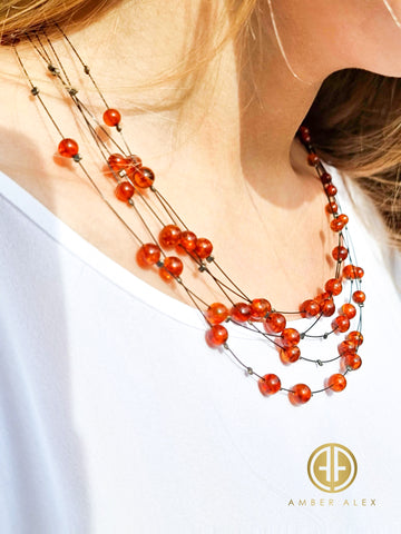 Cognac Amber Round Beads Rain Necklace Sterling Silver