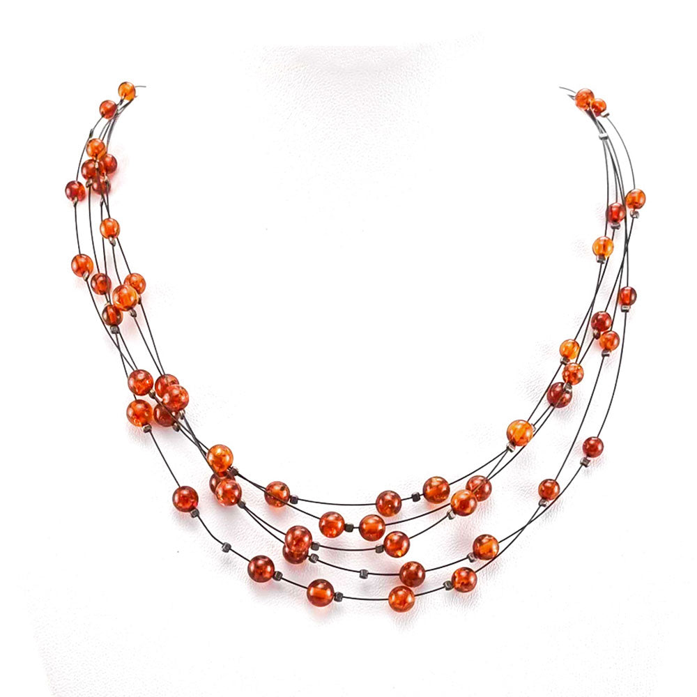 Cognac Amber Round Beads Rain Necklace Sterling Silver