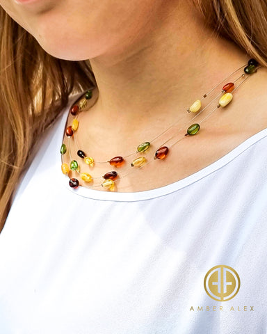 Multi-Color Amber Nuggets Rain Necklace Sterling Silver