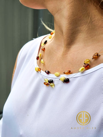 Multi-color Amber Nugget Beads Rain Necklace Sterling Silver