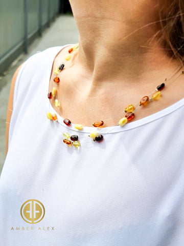 Multi-color Amber Nugget Beads Rain Necklace Sterling Silver