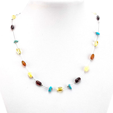 Multi-Color Amber Nugget Beads Rain Necklace Sterling Silver