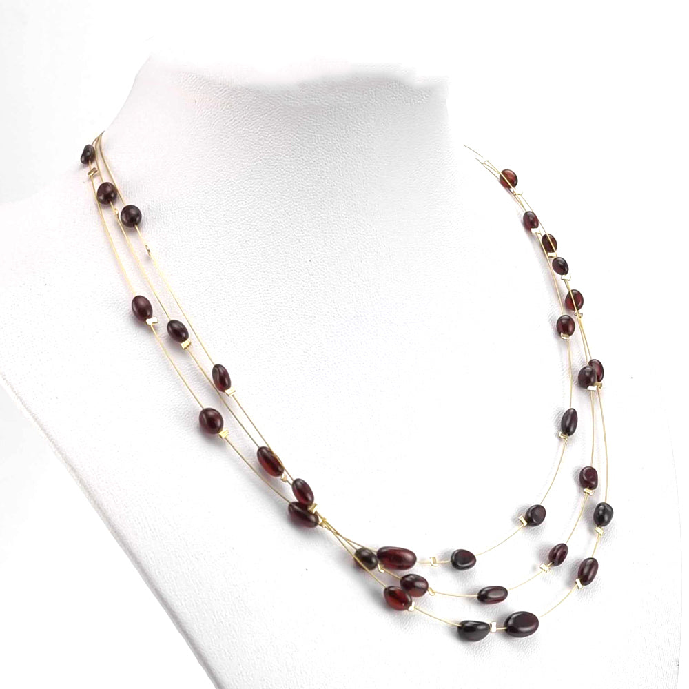 Cherry Amber Nugget Beads Rain Necklace 14k Gold Plated