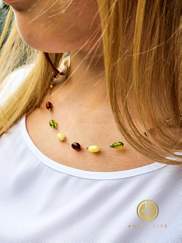 Multi-Color Amber Nuggets Beads Rain Necklace 14k Gold Plated