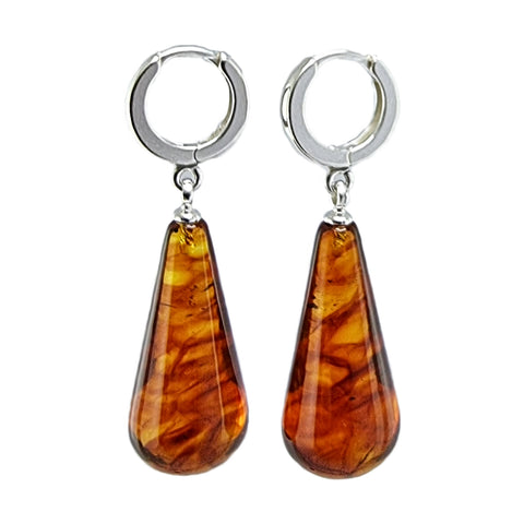 Cognac Amber Drop Dangle Earrings Sterling Silver