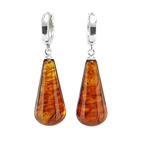 Cognac Amber Drop Dangle Earrings Sterling Silver