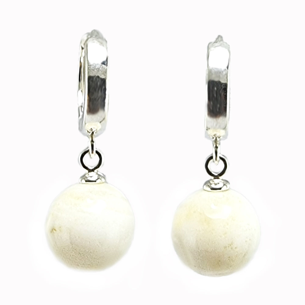 White Amber Round Bead Dangle Earrings Sterling Silver