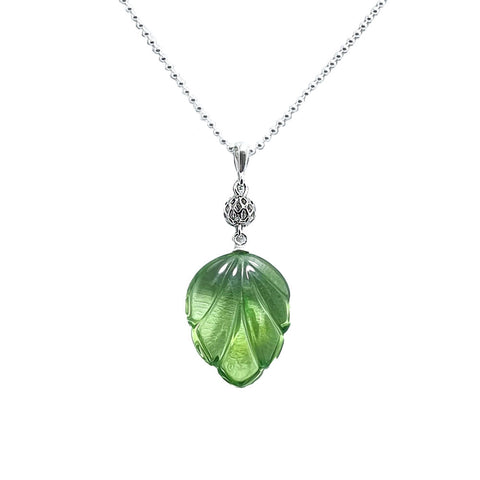 Green Amber Leaf Pendant & Chain Necklace