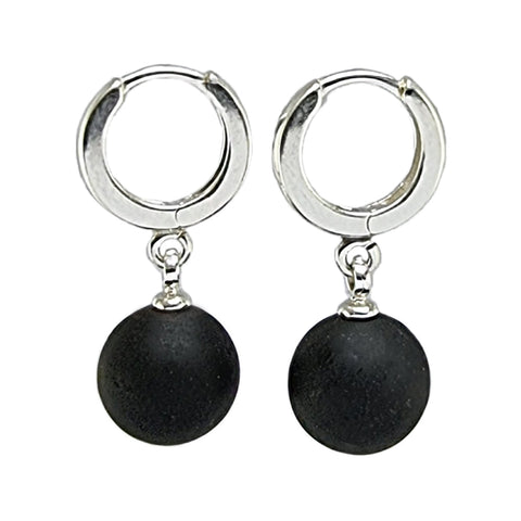 Black Amber Round Dangle Earrings Sterling Silver