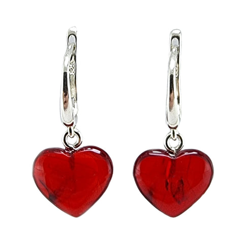 Red Amber Heart Dangle Earrings Sterling Silver