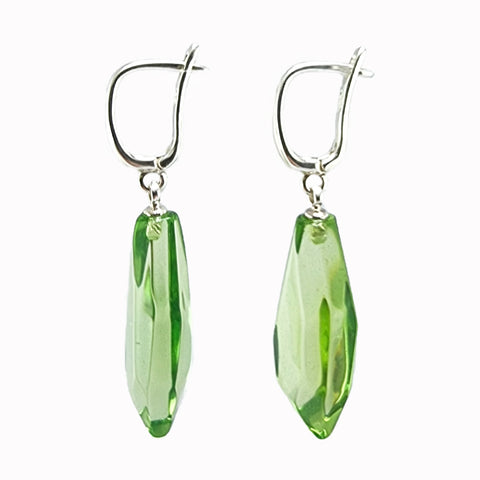 Green Amber Crystal Dangle Earrings Sterling Silver