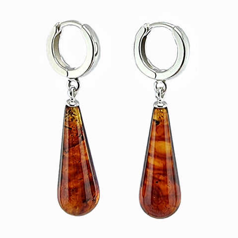 Cognac Amber Drop Dangle Earrings Sterling Silver