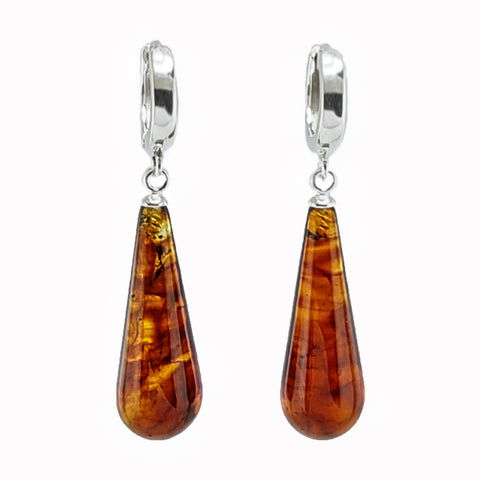 Cognac Amber Drop Dangle Earrings Sterling Silver