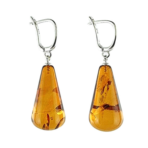 Cognac Amber Drop Dangle Earrings Sterling Silver