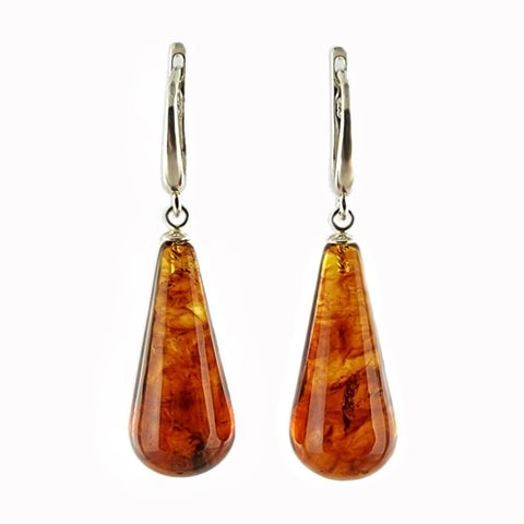 Cognac Amber Drop Dangle Earrings Sterling Silver