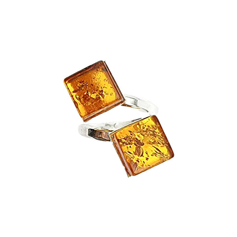 Cognac Amber Square Shape Adjustable Ring Sterling Silver