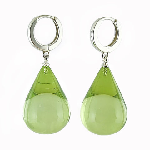 Green Amber Drop Dangle Earrings Sterling Silver