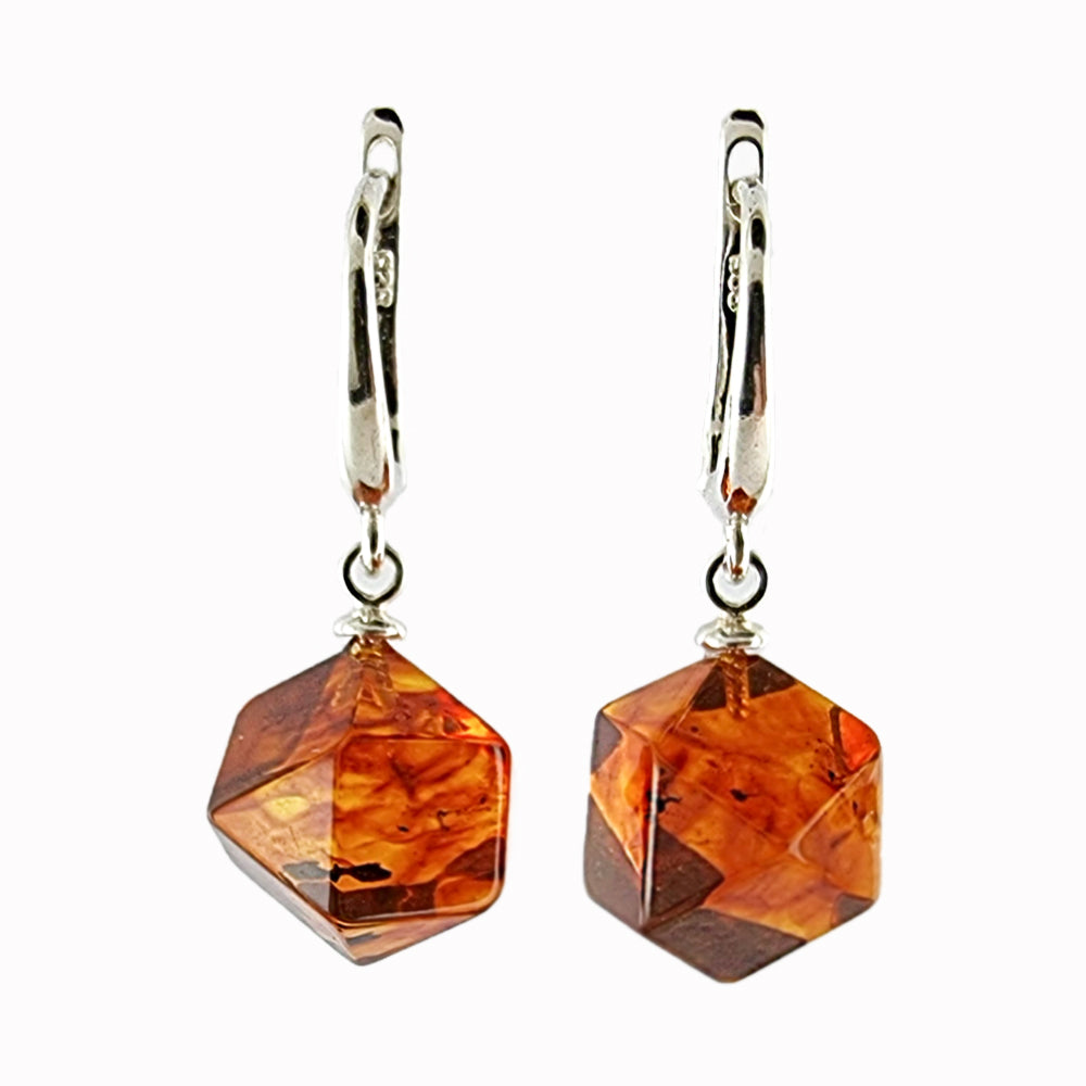 Cognac Amber Crystal Dangle Earrings Sterling Silver