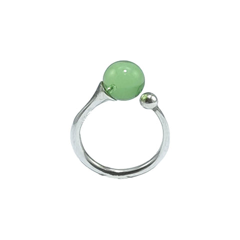 Green Amber Round Bead Adjustable Ring Sterling Silver