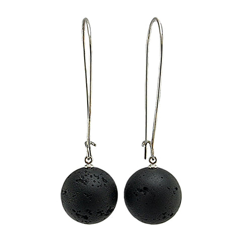 Black Amber Round Dangle Earrings Sterling Silver