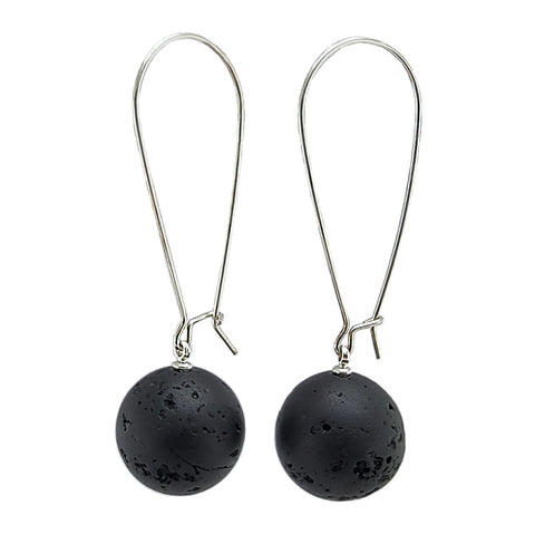 Black Amber Round Dangle Earrings Sterling Silver