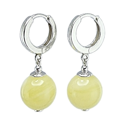 Milky Amber Round Dangle Earrings Sterling Silver