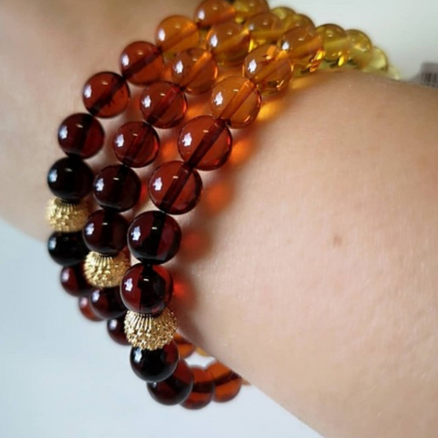 Rainbow Amber Round Beads Stretch Bracelet 14K Gold Plated - Amber Alex Jewelry