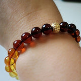 Rainbow Amber Round Beads Stretch Bracelet 14K Gold Plated - Amber Alex Jewelry