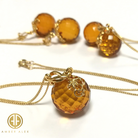 Cognac Amber Faceted Round Bead Pendant & Chain Necklace 14K Gold Plated