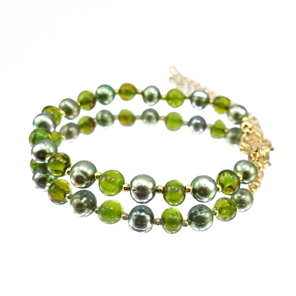 Green Amber And Pearls Baroque Beads Bracelet 14k Gold Plated