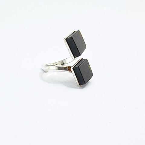 Black Amber Square Shape Adjustable Ring Sterling Silver