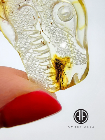 Natural Amber Carved Dinosaur Cabochon with Insect