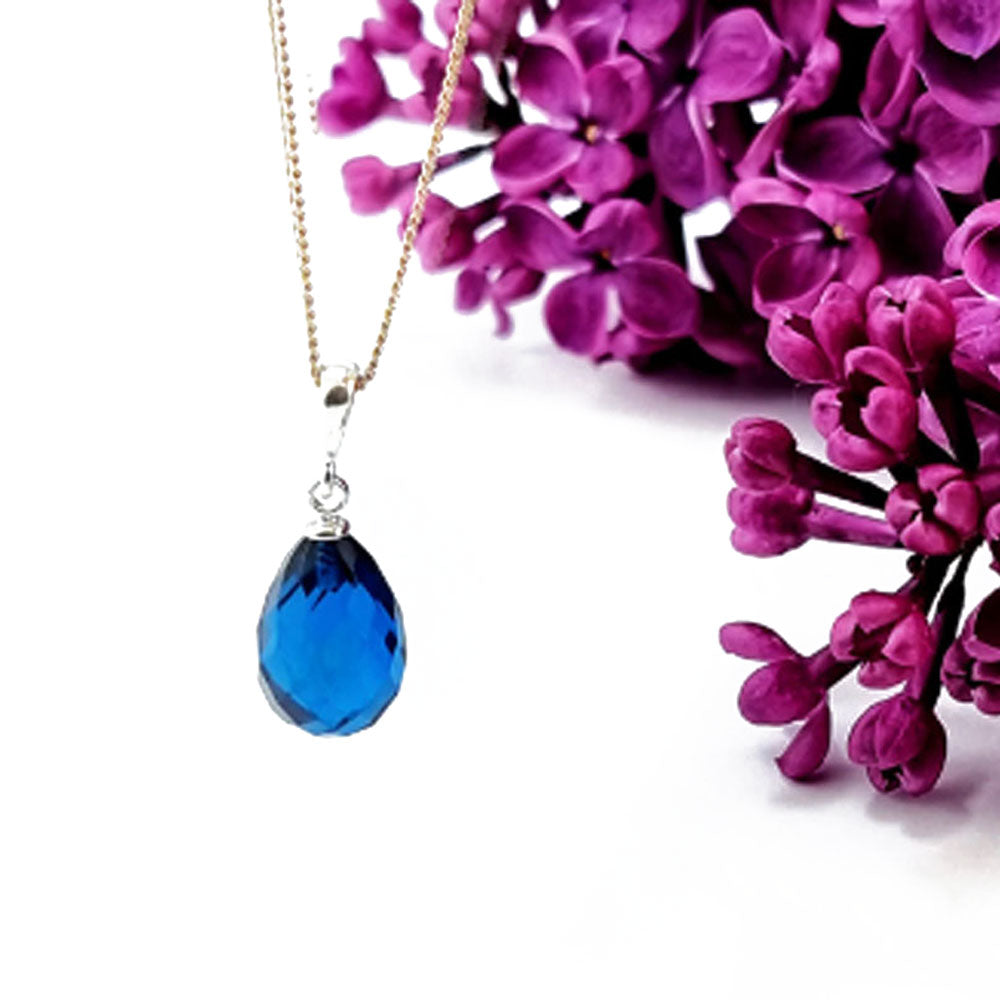 Blue Amber Faceted Drop Pendant Chain Necklace Sterling Silver