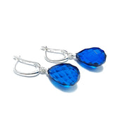 Blue Amber Faceted Teardrop Dangle Earrings Sterling Silver
