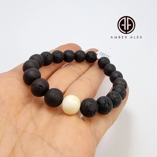 Black & White Amber Round Beads Stretch Bracelet