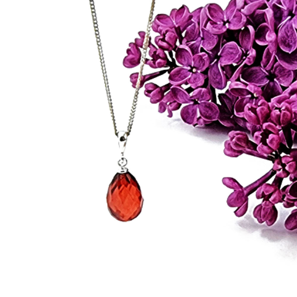 Red Amber Faceted Drop Pendant & Chain Necklace Sterling Silver