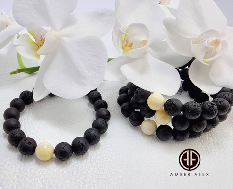 Black & White Amber Round Beads Stretch Bracelet