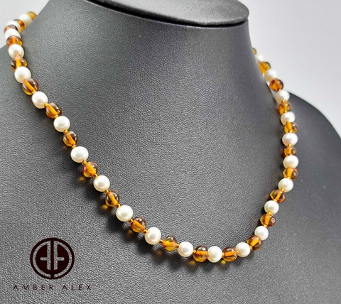 Cognac Amber & Pearls Baroque Beads Necklace 14k Gold Plated