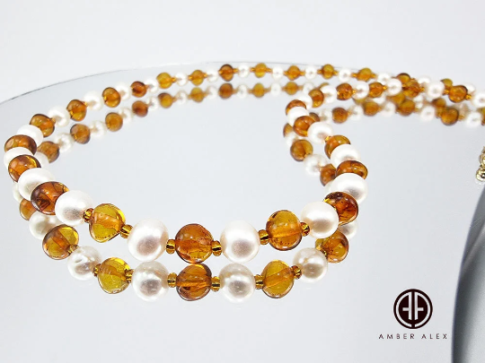 Cognac Amber & Pearls Baroque Beads Necklace 14k Gold Plated
