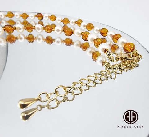 Cognac Amber & Pearls Baroque Beads Necklace 14k Gold Plated