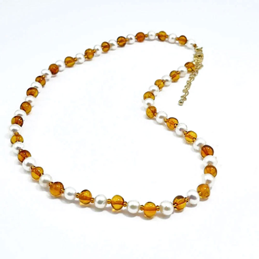 Cognac Amber & Pearls Baroque Beads Necklace 14k Gold Plated