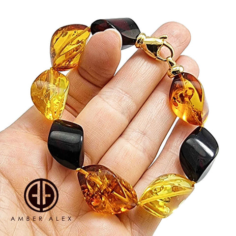 Multi-Color Amber Twisted Olive Beads Bracelet 14k Gold Plated