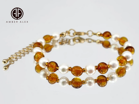 Cognac Amber & Pearls Baroque Beads Bracelet 14k Gold Plated