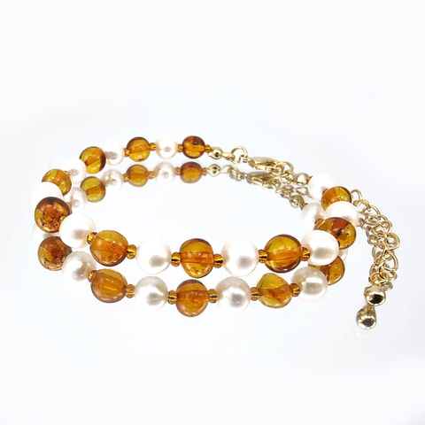 Cognac Amber & Pearls Baroque Beads Bracelet 14k Gold Plated