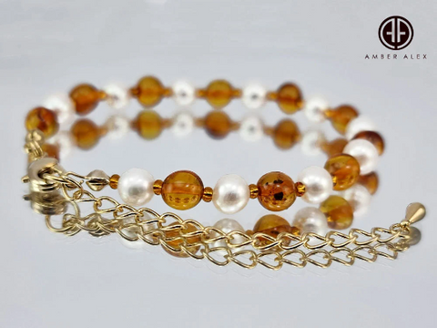 Cognac Amber & Pearls Baroque Beads Bracelet 14k Gold Plated