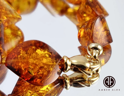 Cognac Amber Twisted Olive Beads Bracelet 14k Gold Plated