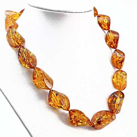 Cognac Amber Twisted Olive Beads Necklace 14k Gold Plated