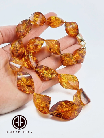 Cognac Amber Twisted Olive Beads Necklace 14k Gold Plated