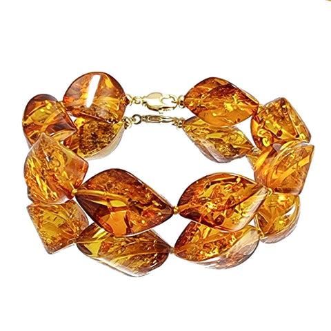 Cognac Amber Twisted Olive Beads Bracelet 14k Gold Plated