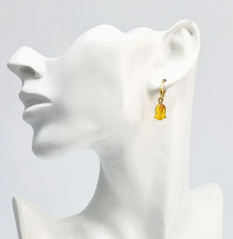 Cognac Amber Carved Roses Dangle Earrings 14k Gold plated